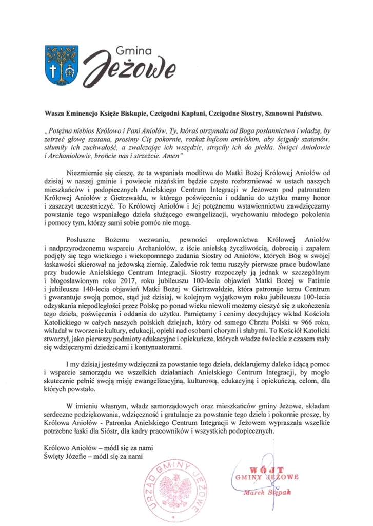 Przemówienie Wójta Gminy Jeżowe poświęcenie Anielskiego Centrum Integracji w Jeżowem