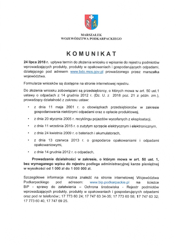 Marszałek Województwa Podkarpackiego informuje