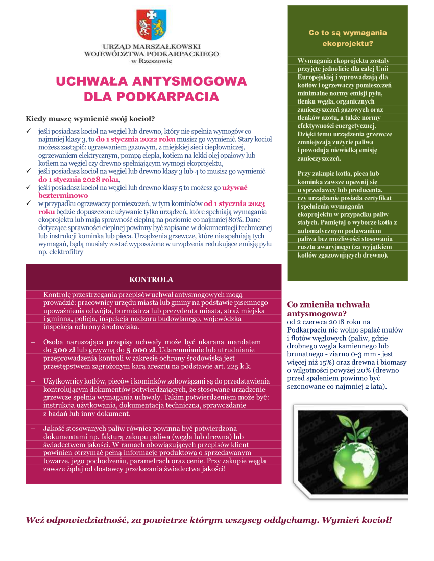 Uchwała antysmogowa dla województwa podkarpackiego - przypomnienie