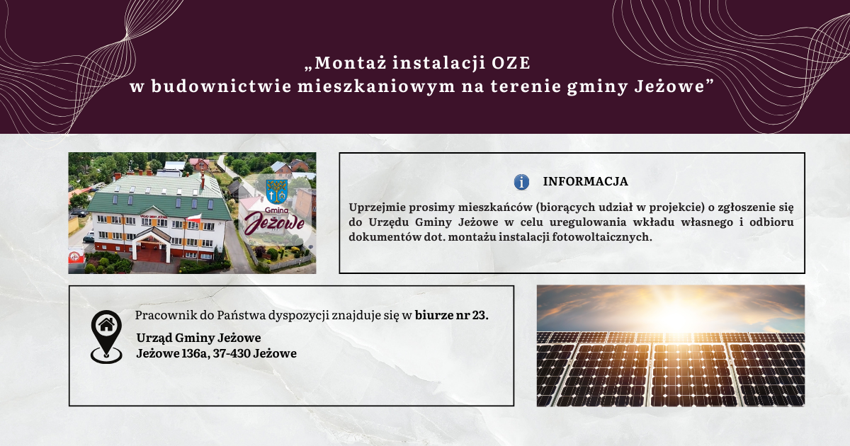 Montaż instalacji OZE w budownictwie mieszkaniowym na terenie gminy Jeżowe - informacja