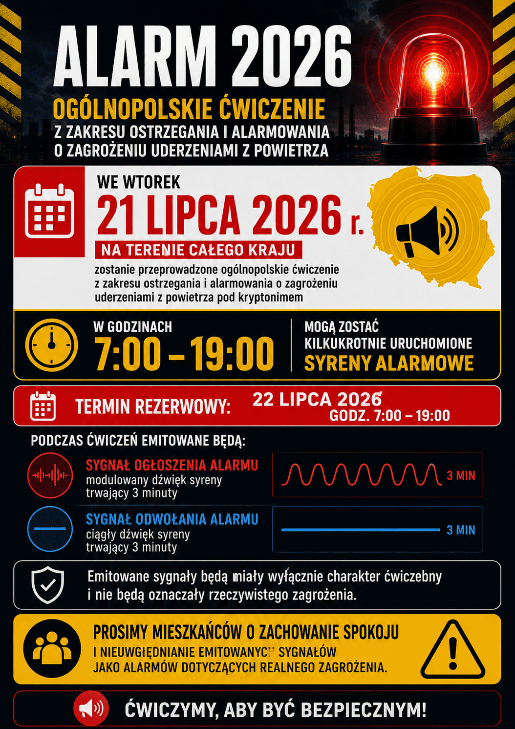Informacja o planowanym uruchomieniu syren alarmowych w ramach ćwiczenia „ALARM 2026”