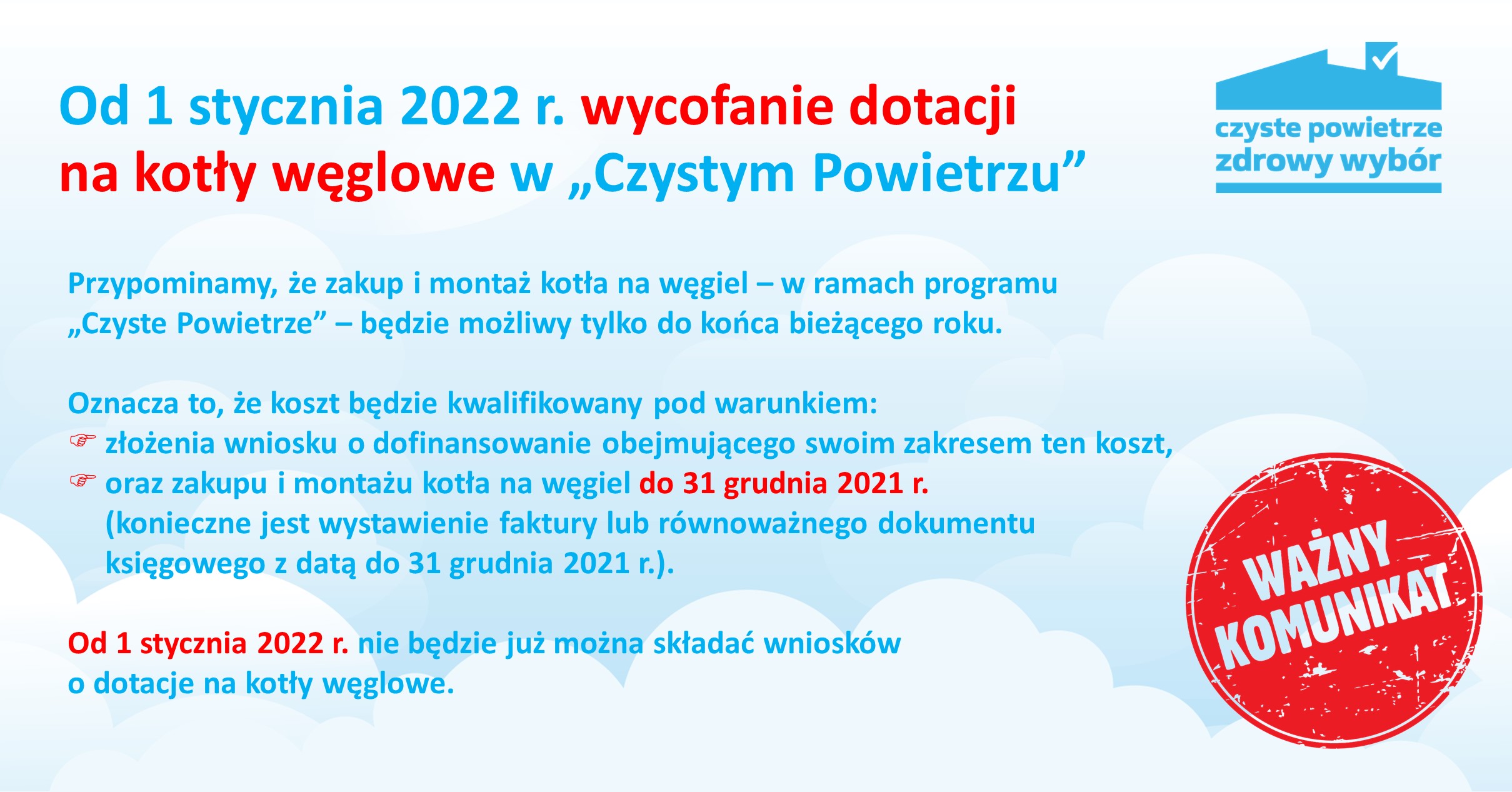 Przypomnienie o wycofaniu dotacji na kotły węglowe w PP Czyste Powietrze 