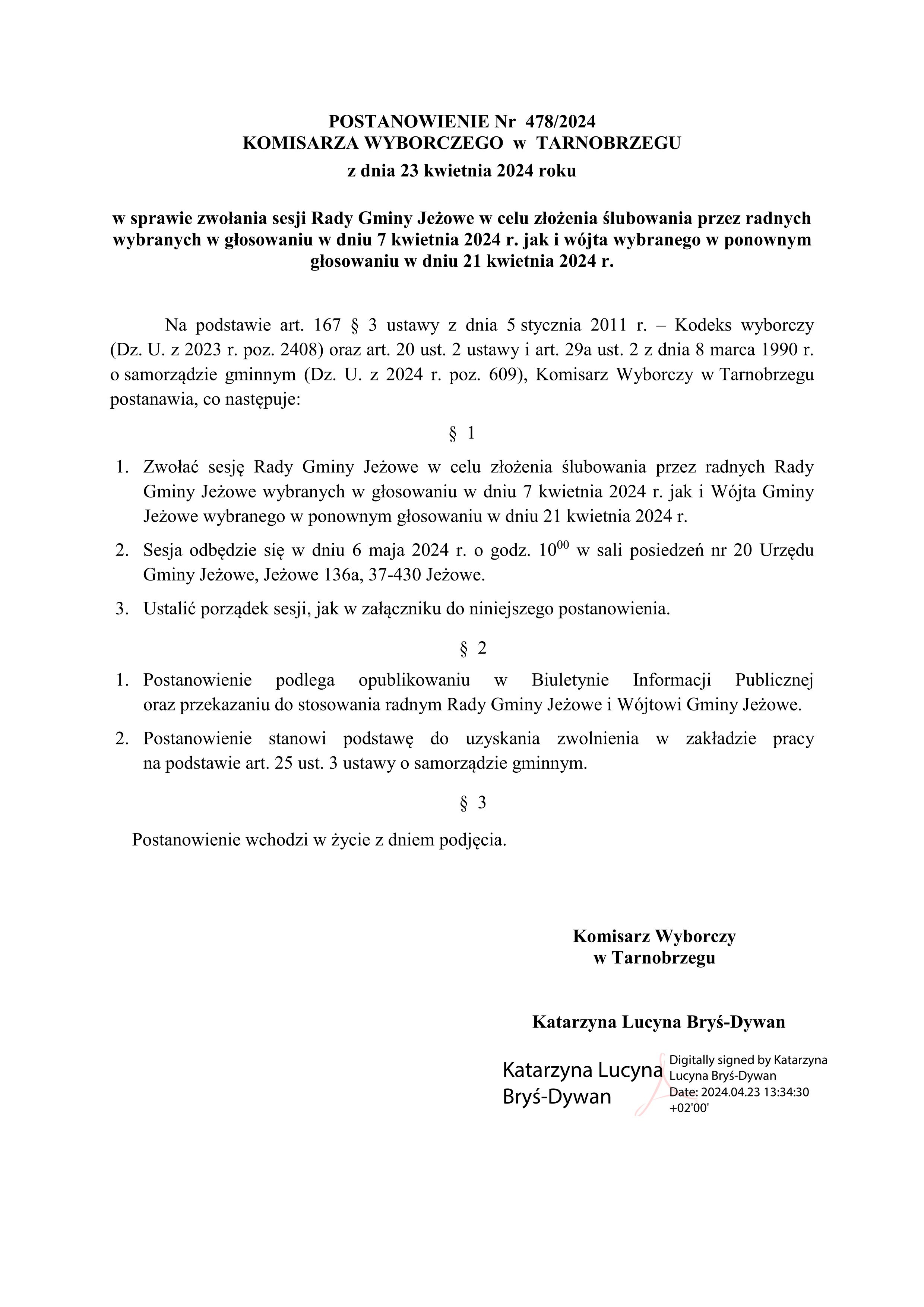 POSTANOWIENIE NR 553/2024 Komisarza Wyborczego w Tarnobrzegu z dnia 20 maja 2024 r. w sprawie zwołania pierwszych posiedzeń obwodowych komisji wyborczych w wyborach do Parlamentu Europejskiego zarządzonych na dzień 9 czerwca 2024 r.
