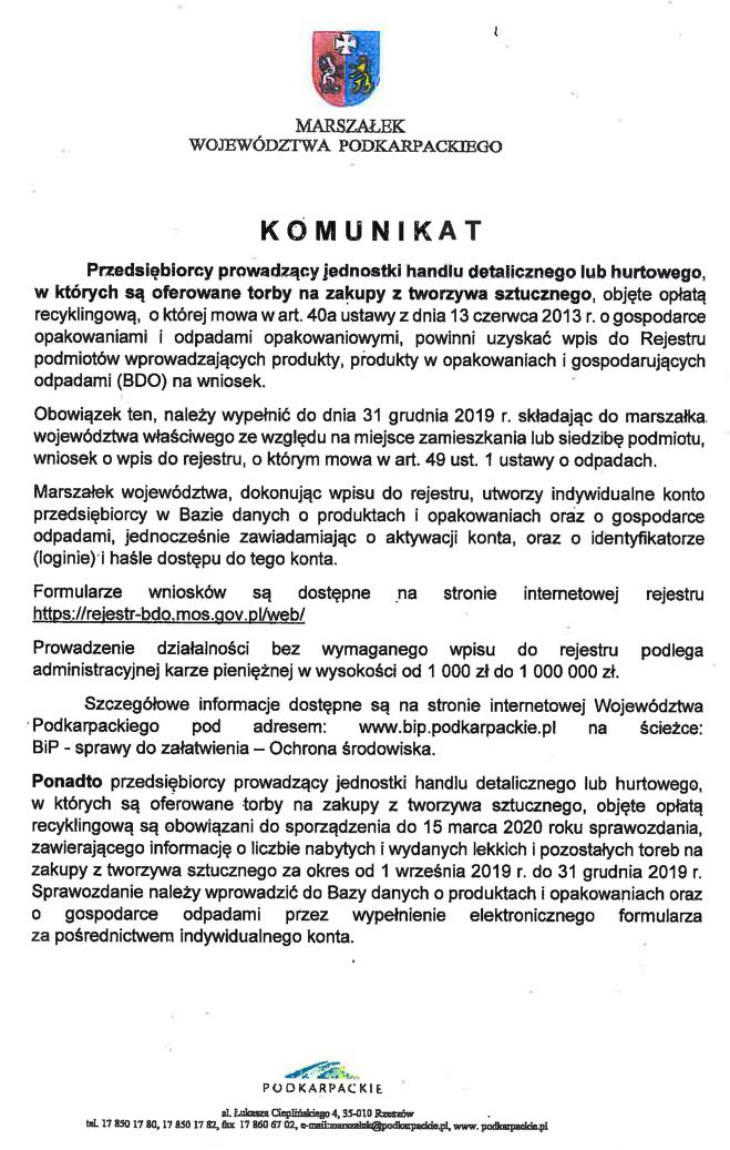 Komunikat dla przedsiębiorców