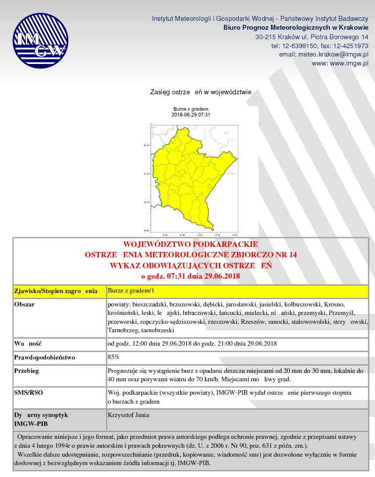 Ostrzeżenie meteorologiczne - burze z gradem 