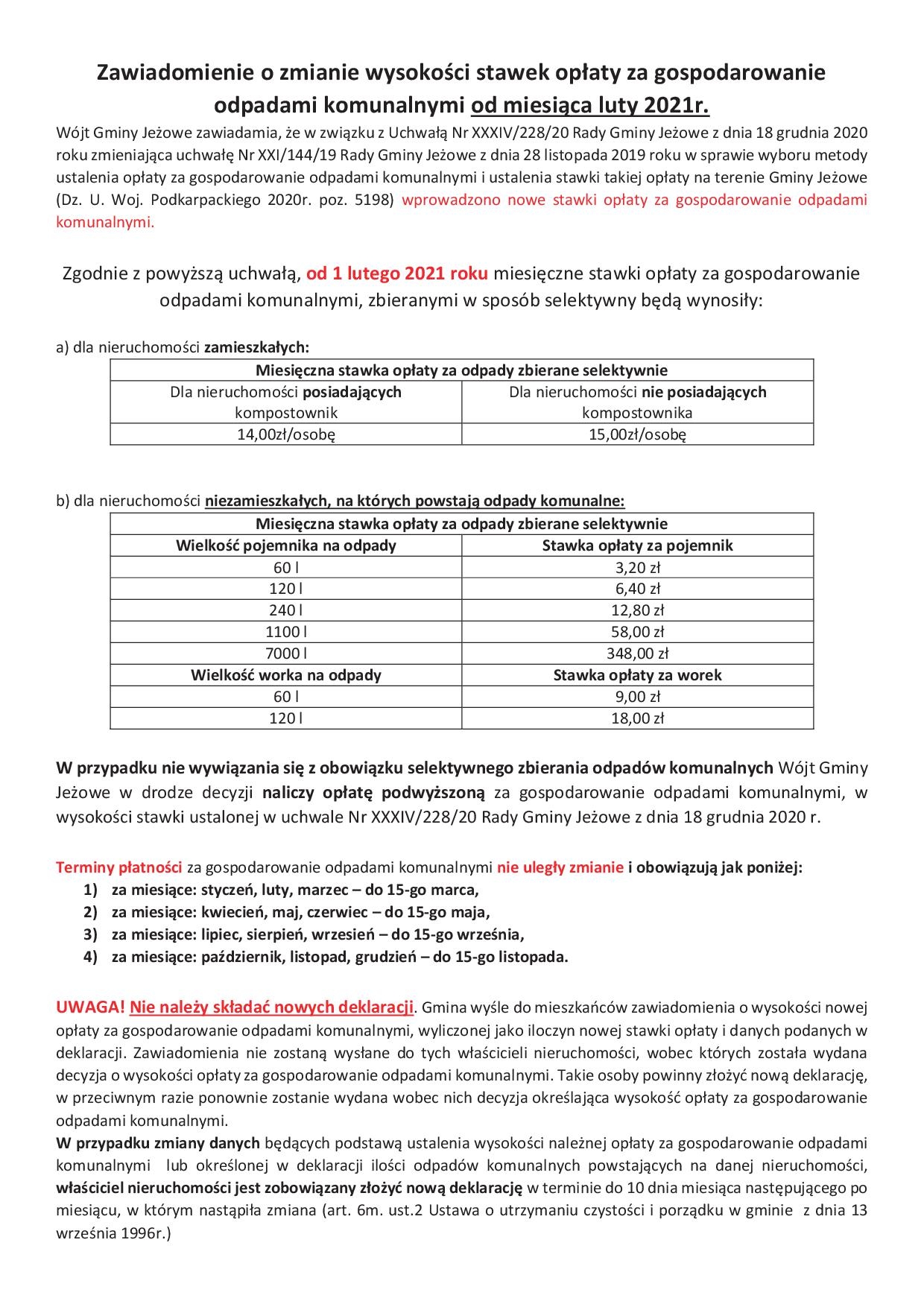 Zawiadomienie o zmianie wysokości stawek opłaty za gospodarowanie odpadami komunalnymi od miesiąca luty 2021r.