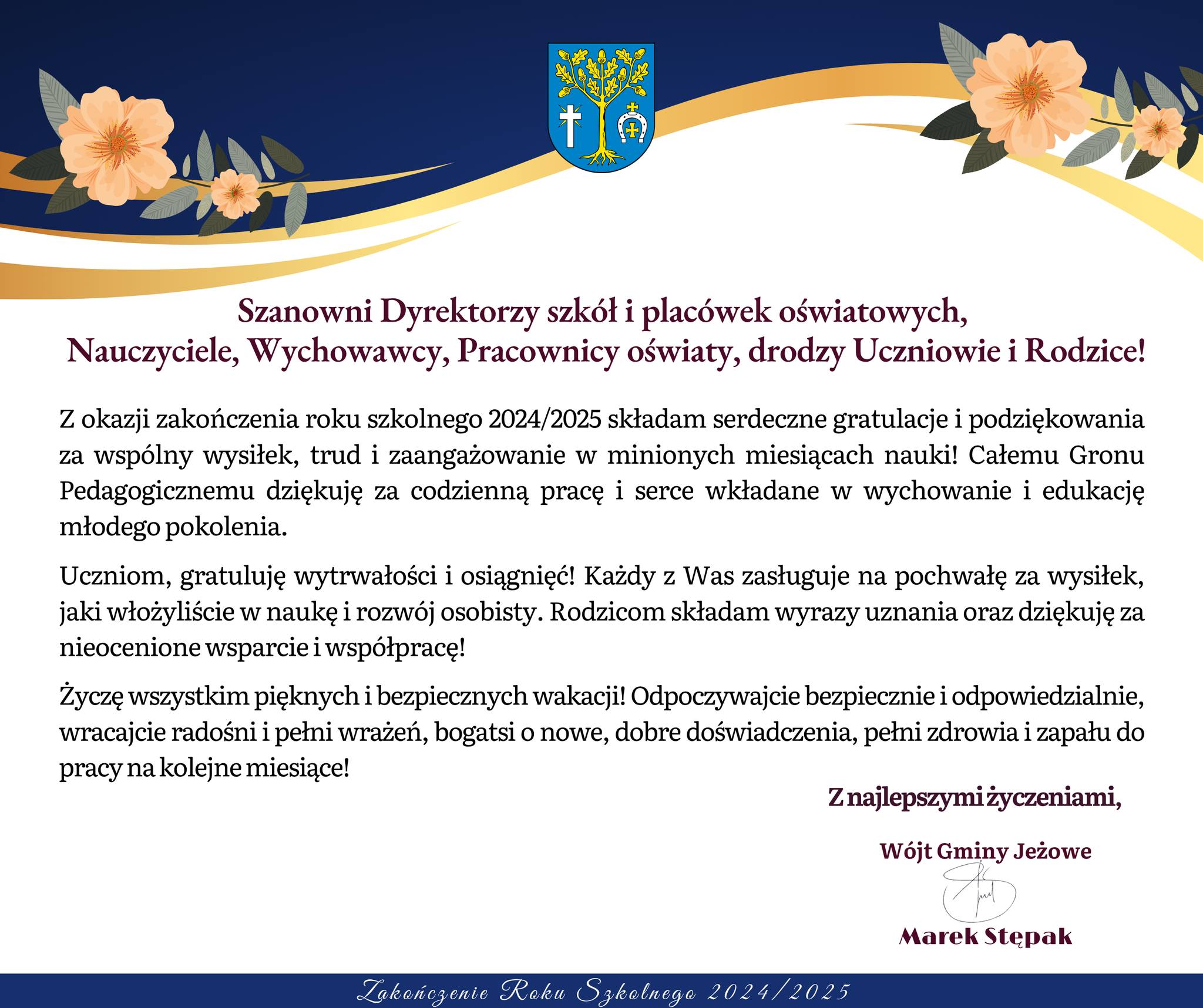 Życzenia i podziękowania z okazji zakończenia roku szkolnego 2024/2025