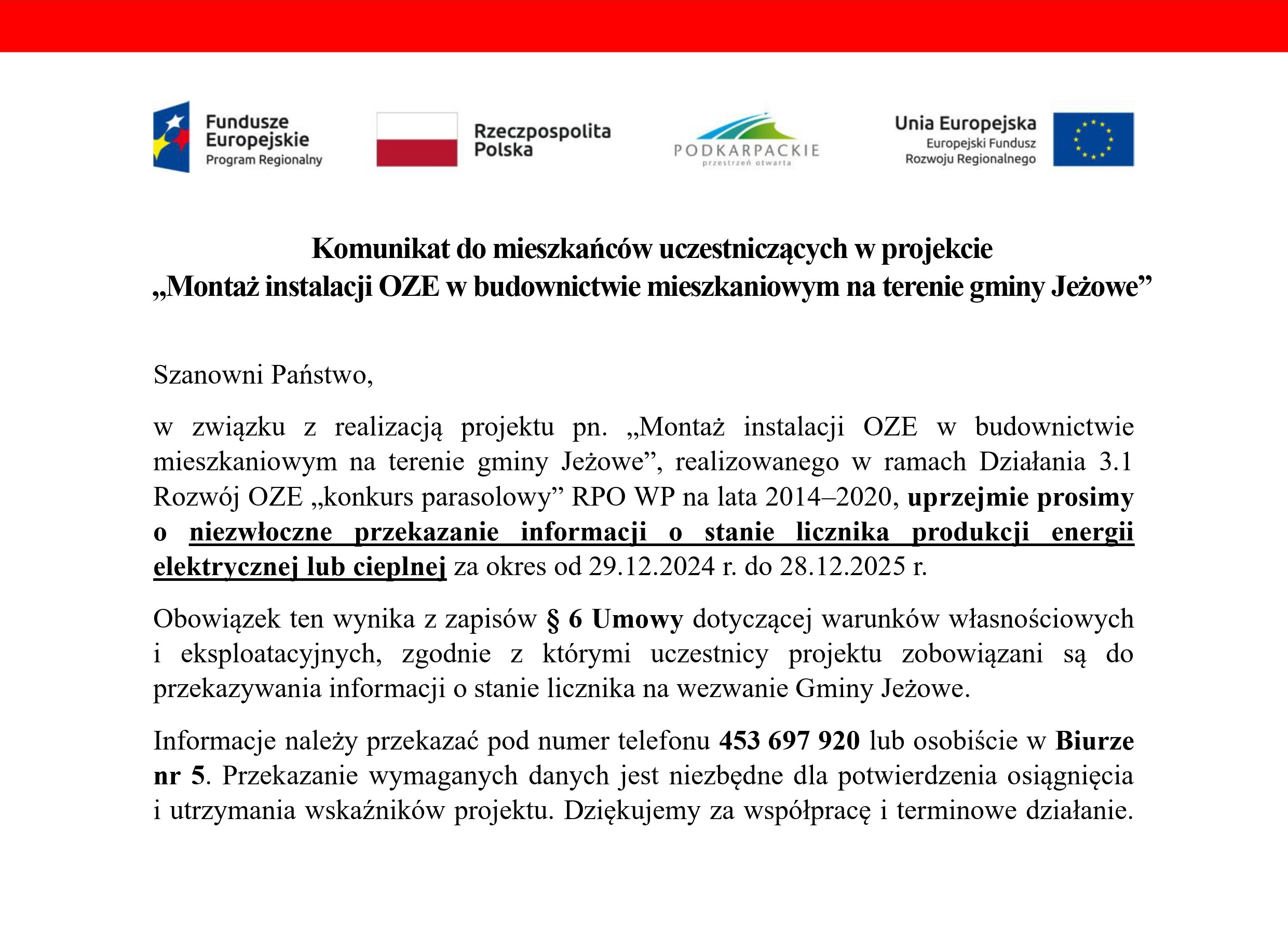 Komunikat do mieszkańców uczestniczących w projekcie  „Montaż instalacji OZE w budownictwie mieszkaniowym na terenie gminy Jeżowe”