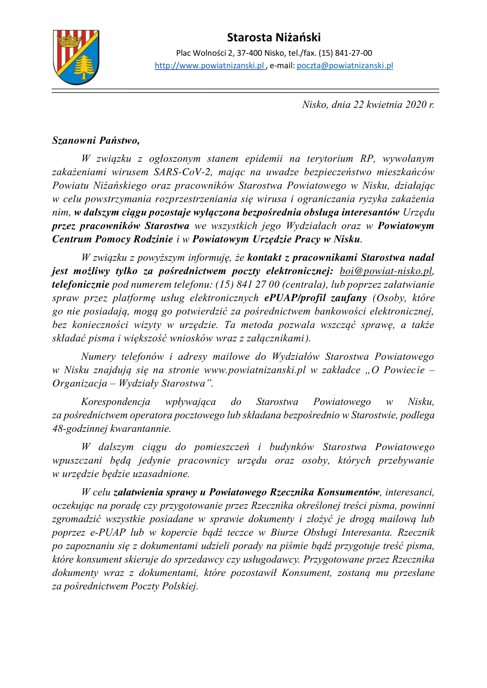 KOMUNIKAT Starosty Niżańskiego