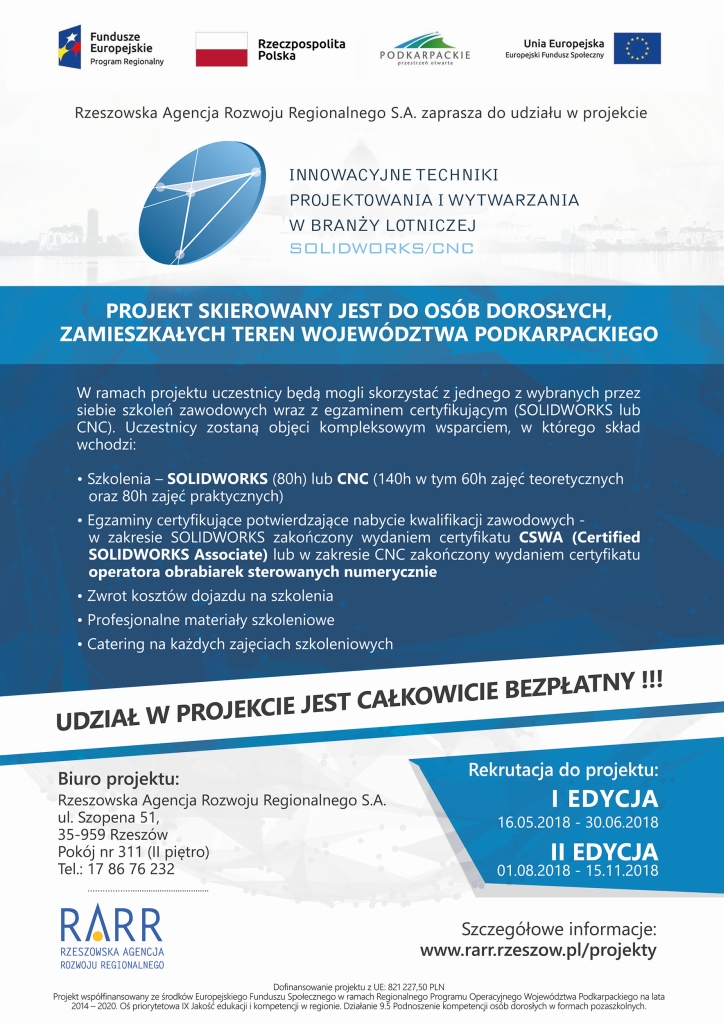 Plakat projektu Innowacyjne Techniki Projektowania i Wytwarzania w Branży Lotniczej SOLIDWORKS CNC