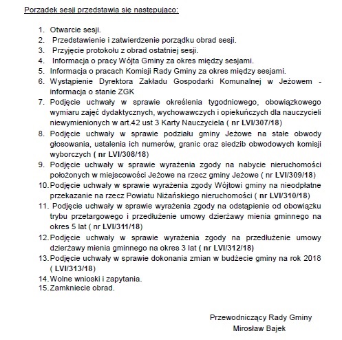 56 sesja Rady Gminy Jeżowe - zaproszenie